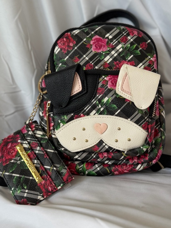 Betsey Johnson Handbags - Betsey Johnson Black Plaid Floral Cat Mini Backpack